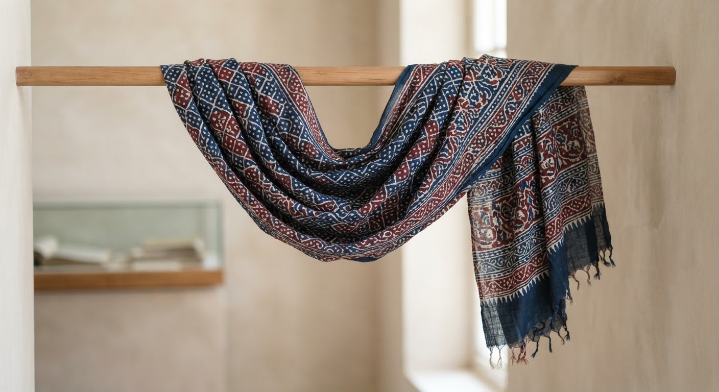 Hand-Block Ajrak Shawl — Indigo — Saeed Artisan, Bhit Shah