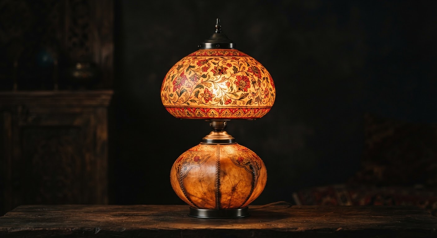Camel-Skin Lamp — Hand-Painted — Naqashi Masters, Multan