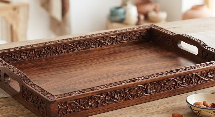 Carved Walnut Tray — detail view