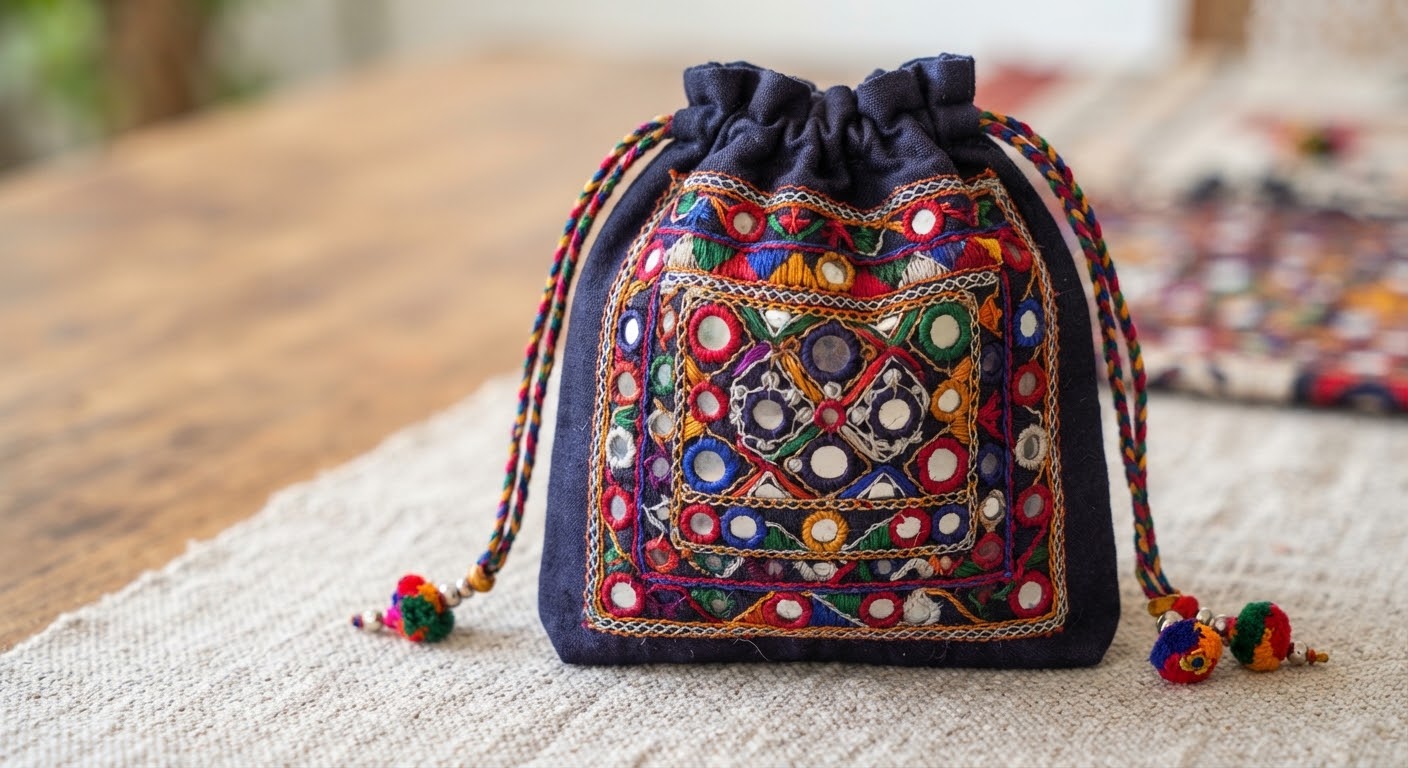 Hand-Embroidered Pouch — Sindhi mirror work